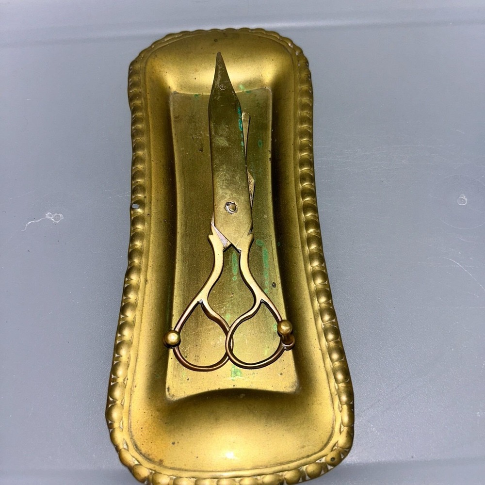 Victorian Brass Candle Trimmer Scissor and Under Tray Works, Vintage NOTE